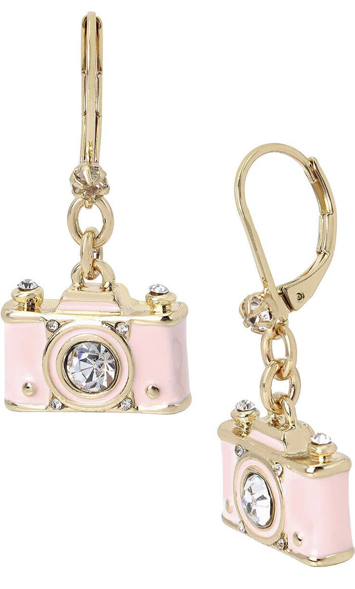 Betsey Johnson Pink Camera Crystal Gold Toned Dangle Earrings by Vanessa Jane
