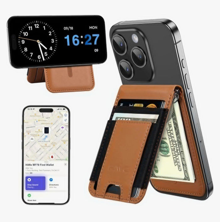 Magnetic Wallet Stand with Find My 9-Card Leather RFID Case for iPhone 17 16 15 14 13 12 Brown by Merch Section