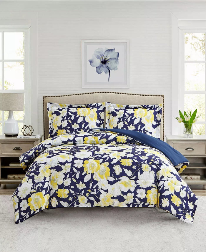 Mytex Aster Floral 2-PC. Reversible Twin Comforter Set, Navy/Yellow by Vanessa Jane