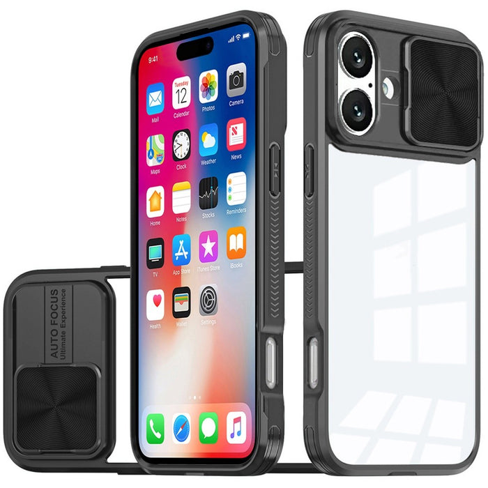 Clear Hybrid Case for iPhone 16 6.1-Inch with Rear Lens Sliding Cover and Tempered Glass by Merch Section