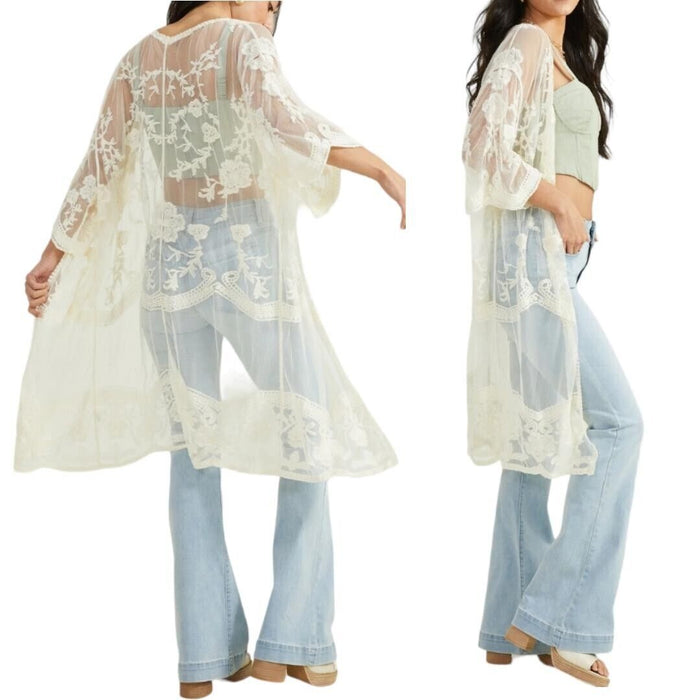 Adiva Boho Embroidered Lace Kimono Open Front Bell Sleeves 45 Long, Medium by Vanessa Jane