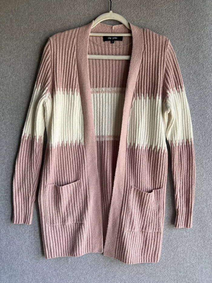 Chloe and Jasmine Open Front Cardigan Pink and White Womens Size M by Vanessa Jane
