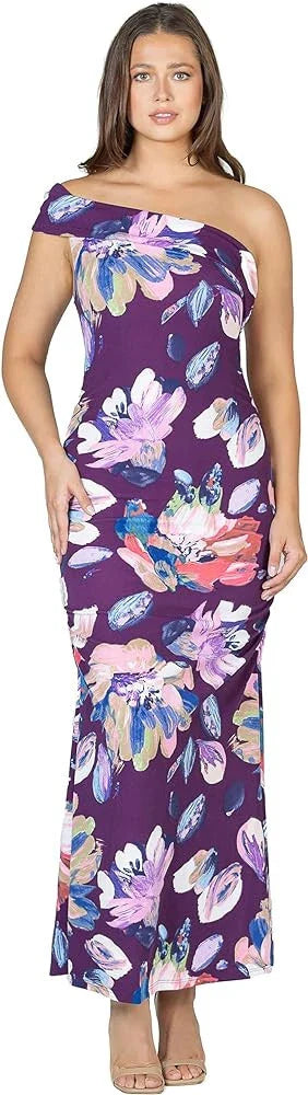 24Seven Comfort Apparel Purple Floral One-Shoulder Ruched Mermaid Maxi Dress, Size M by Vanessa Jane