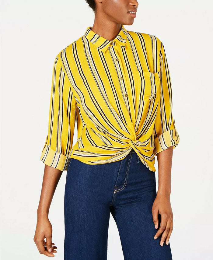 Self Esteem Juniors Twist-Front Draped Shirt Yellow/Black Stripe, Size Large by Vanessa Jane
