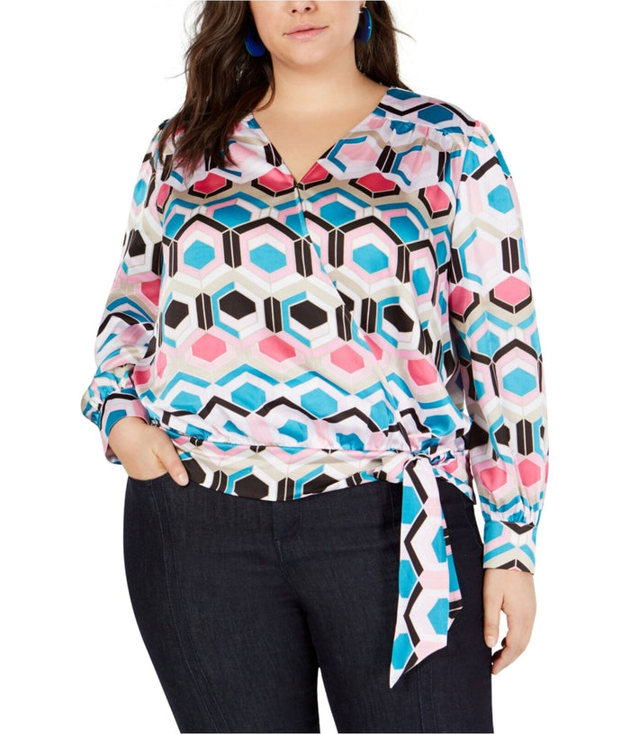 I-N-C Womens Plus Honeycomb Wrap Blouse, Pink, 3X by Vanessa Jane