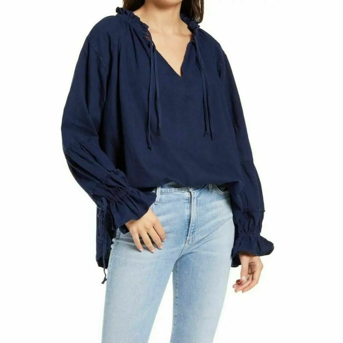 Free People Womens Alpine Denim Tie Neck Top, Blue, Size XS by Vanessa Jane
