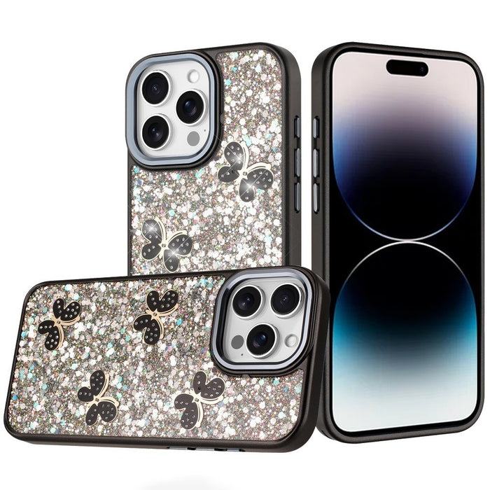 Full Glitter Flakes Case with Cute Butterflies for iPhone 14 Pro Max 6.7-Inch by Merch Section