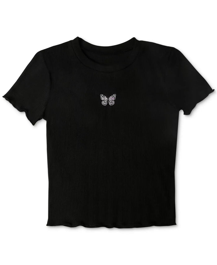 Polly and Esther Juniors Embroidery-Trim Lettuce-Edge T-Shirt, Small by Vanessa Jane
