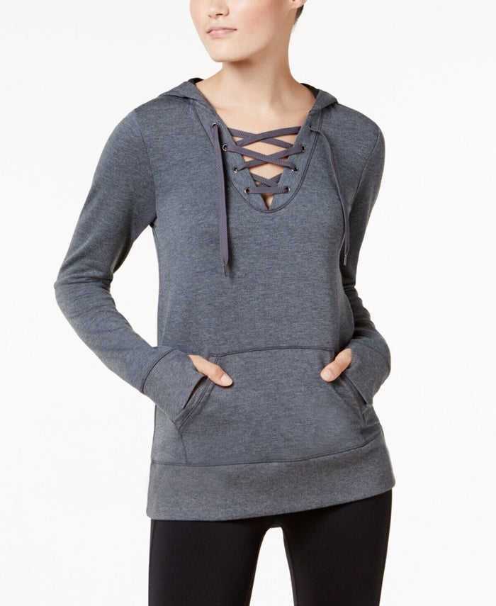 Ideology Lace-Up Hoodie Charcoal Heather, Size Small by Vanessa Jane