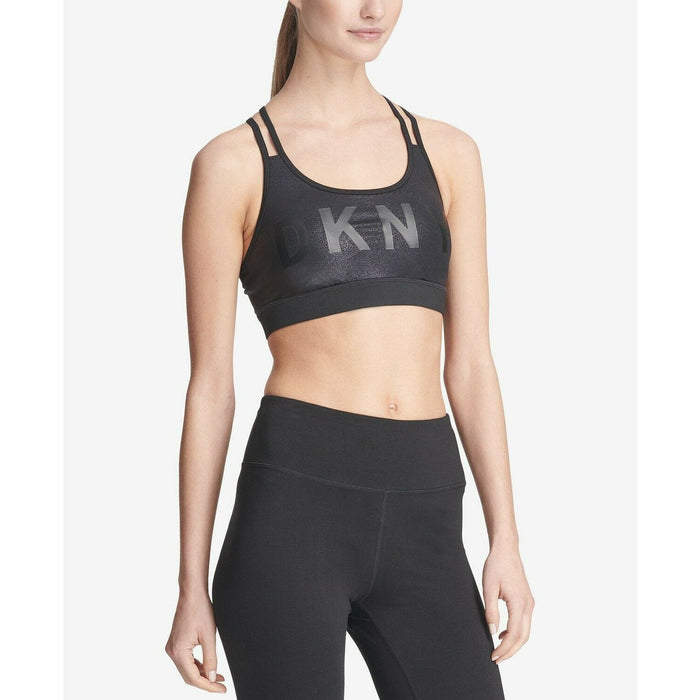 DKNY Womens Sport Logo Glitter Strappy-Back Low-Impact Sports Bra Clear Combo XL by Vanessa Jane