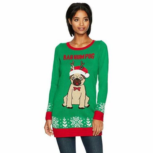 Blizzard Bay Women's Ugly Sweater Bah Hum Pug, Cloverfield, Size Large by Vanessa Jane