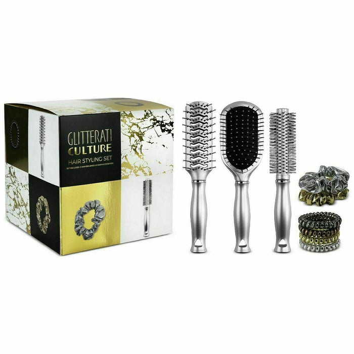 9PC Glitterati Culture Hair Styling Set Pro Round Styling Anti Static Paddle by Vanessa Jane