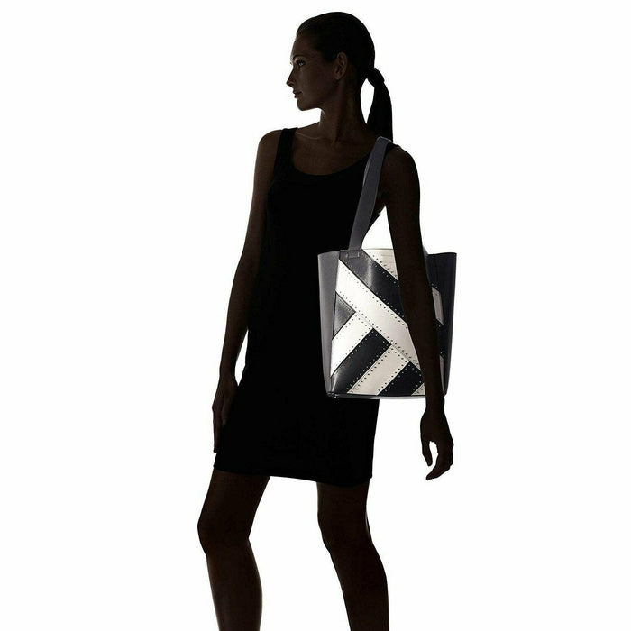 Calvin Klein Karsyn White Black Nappa Leather Stud Belted North/South Tote by Vanessa Jane