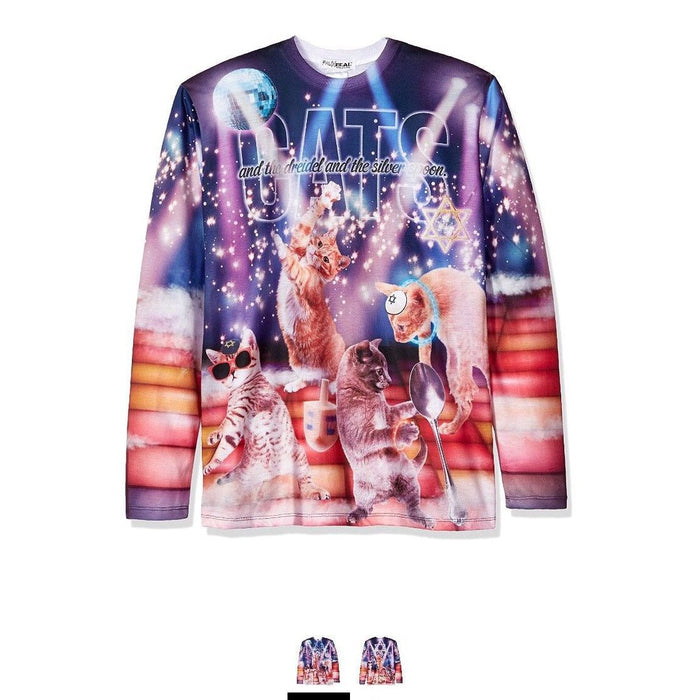 Faux Real Mens Cats and Dreidel Printed Long Sleeve Tee, Blue, XL by Vanessa Jane