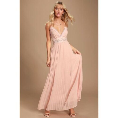 Lulus Romantic Intentions Blush Lace Pleated Backless Dress, Size Medium by Vanessa Jane