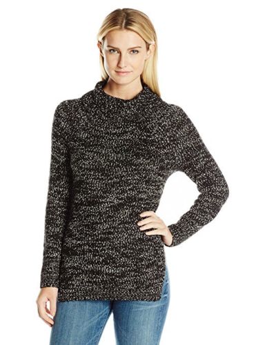 Heather B Womens Marled Hi Twist Turtle Neck Tunic with Side Slits Black/Grey L by Vanessa Jane