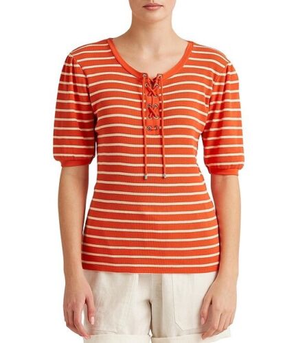 Ralph Lauren Womens Top Waffle-Knit Striped Puff-Sleeve Lace Up Neck, Size L by Vanessa Jane