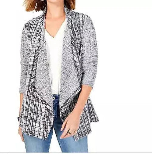 Style and Co Petite Plaid Eyelash Cardigan, Black/Gray, Size PS by Vanessa Jane