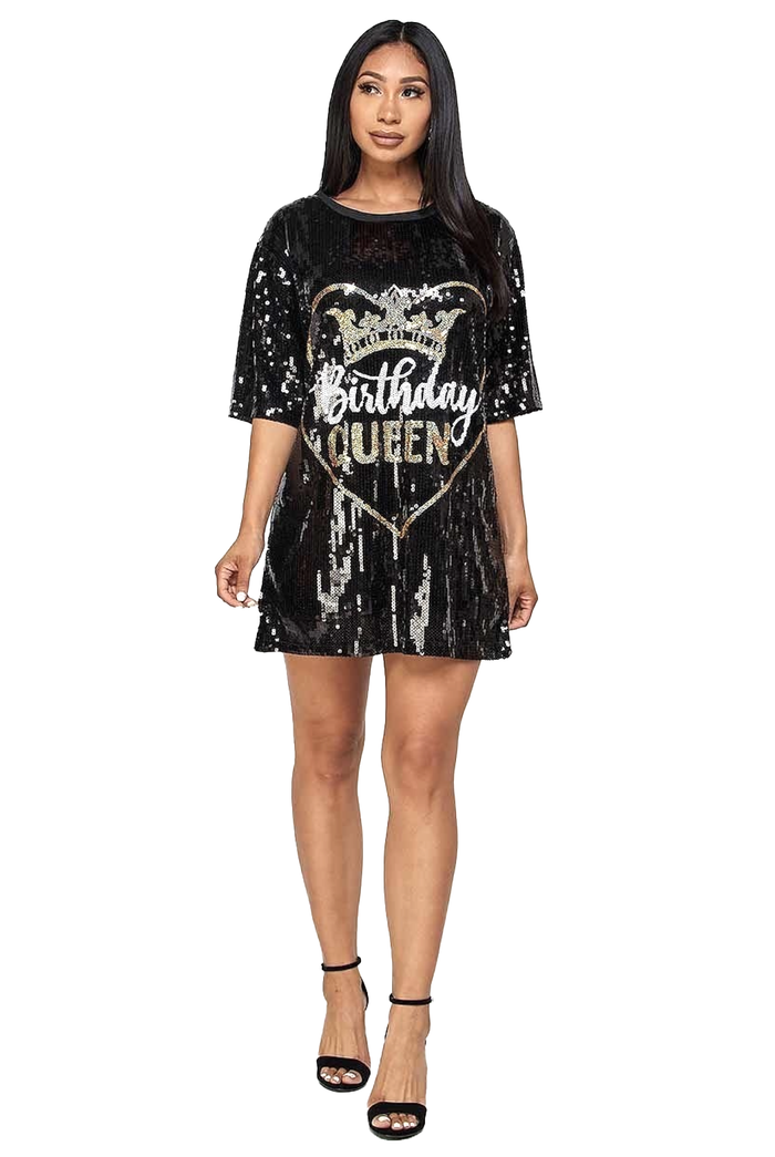 Sequin Birthday Queen Oversized Sequin T-shirt Dress {Gold & White Letters} by The House of Stylez