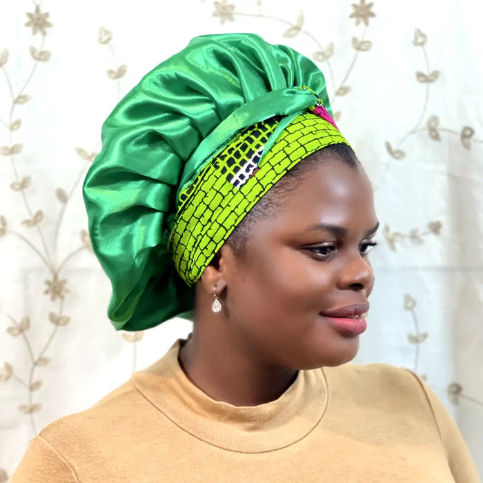 Sharifah Satin Double-layer Bonnet with African Print Tie by Duma Mbili LLC