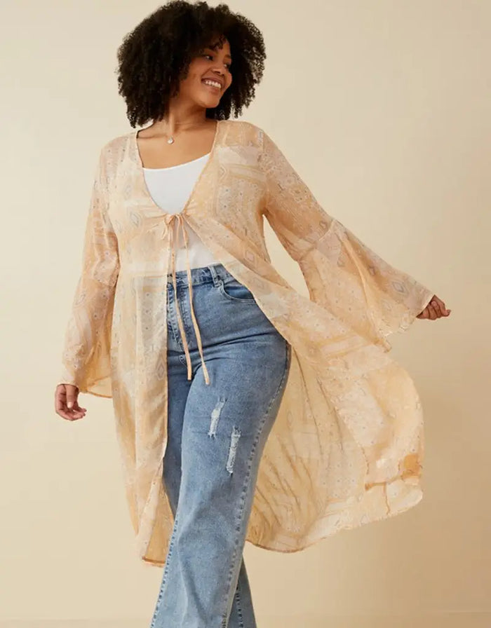 Sheer Patch Print Chiffon Tie- Front Duster - Tan by Boutique 23