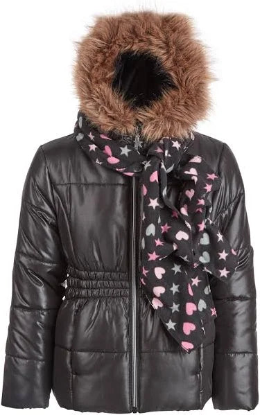 Rothschild Girls Black Puffer Jacket With Scarf and Faux Fur Trim, Size S 7/8 by Vanessa Jane