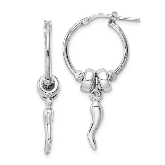 Silver Italian Horn Dangle Hoop Earrings by Fine Color Jewels