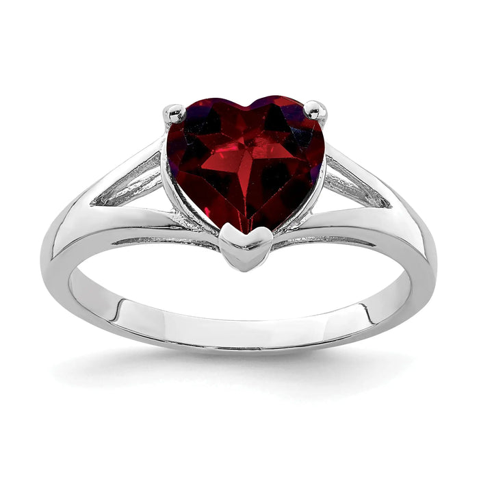 Silver Red Garnet Heart Gemstone Solitaire Ring by Fine Color Jewels