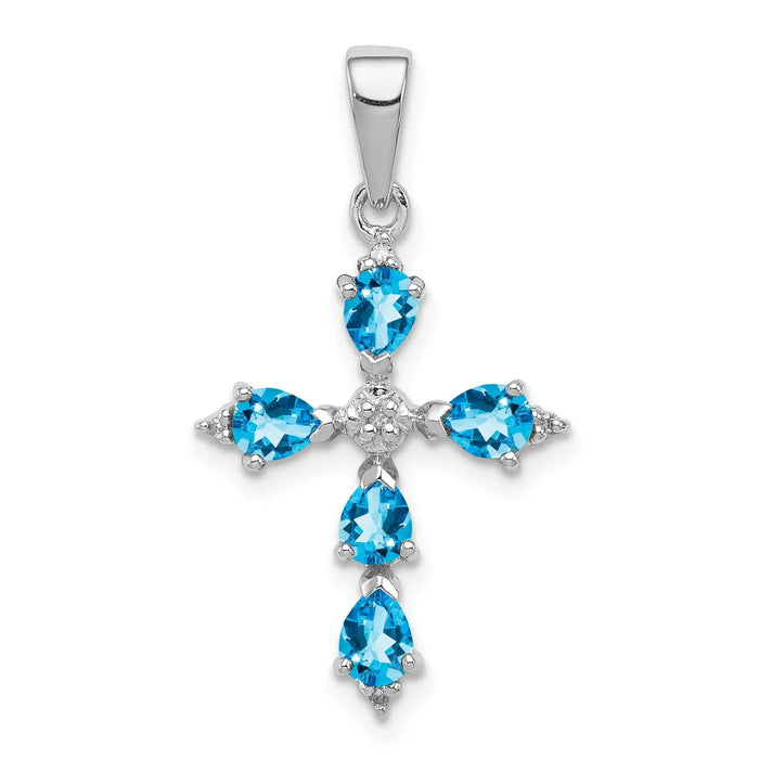 Silver Rhodium Pear Swiss Blue Topaz Cross Pendant by Fine Color Jewels