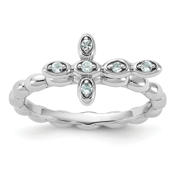 Silver Stackable Natural Aquamarine Cross Ring by Fine Color Jewels