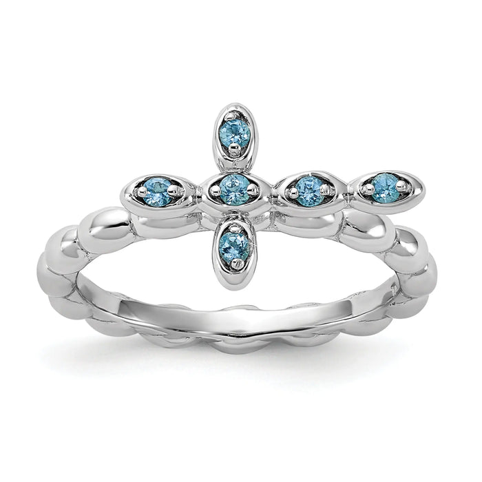 Silver Stackable Natural Swiss Blue Topaz Cross Ring by Fine Color Jewels