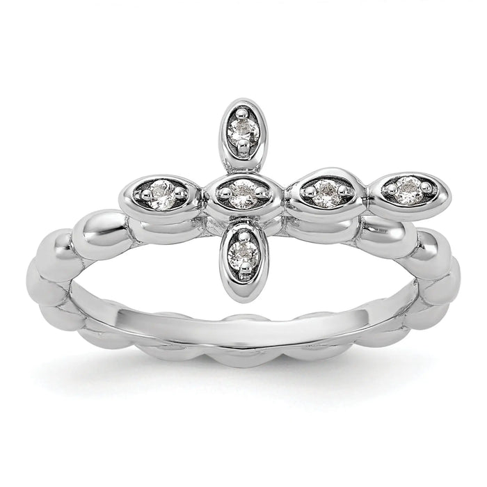 Silver Stackable Natural White Topaz Cross Ring by Fine Color Jewels