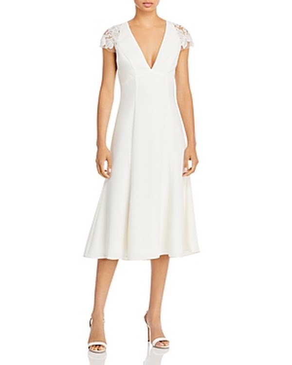 Amsale V Neck Lace Shoulder Midi Dress by Vanessa Jane