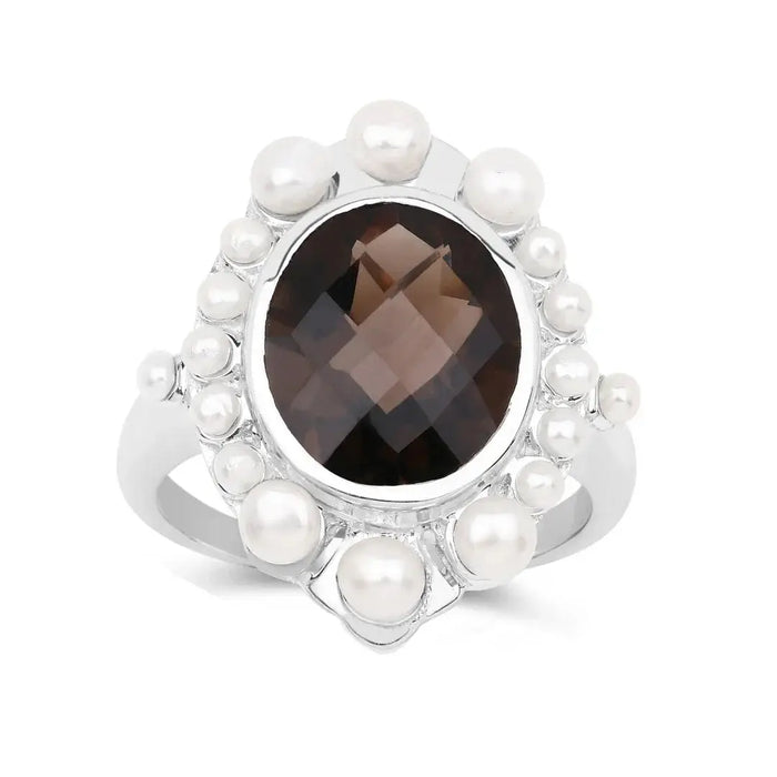 Smoky Quartz and Pearl Silver Halo Ring by Fine Color Jewels