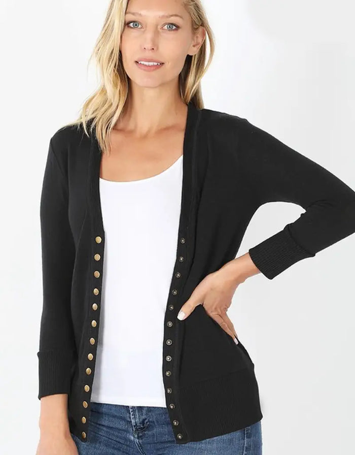 Snap Cardigan 3/4 Sleeve - Black by Boutique 23