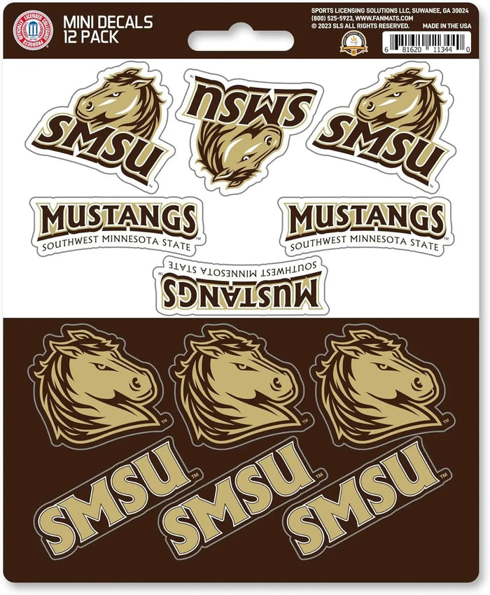 Southwest Minnesota State University Mustangs 12-Piece Mini Decal Sticker Set, 5x6 Inch Sheet, Gift for football fans for any hard surfaces around home, automotive, personal items by Fielders Choice
