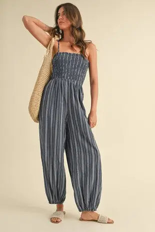 Spaghetti Strap Smocked Striped Balloon Jumpsuit by Boutique 23
