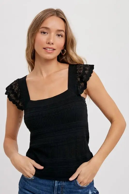 Square Neck Crossed Strap Tank - Black by Boutique 23