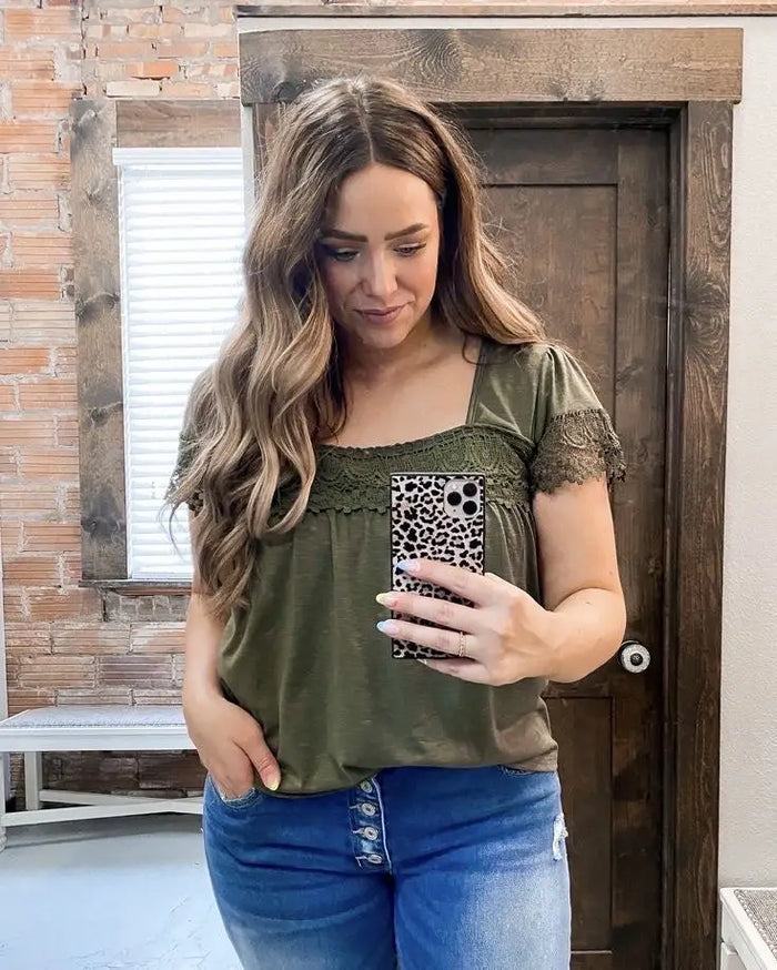 Square Neck Lace Patchwork Top by Boutique 23