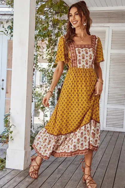 Square Neck Short Sleeve Floral Dress - Yellow by Boutique 23