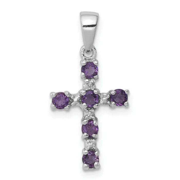 Sterling Silver Natural Amethyst and Diamond Cross Pendant by Fine Color Jewels