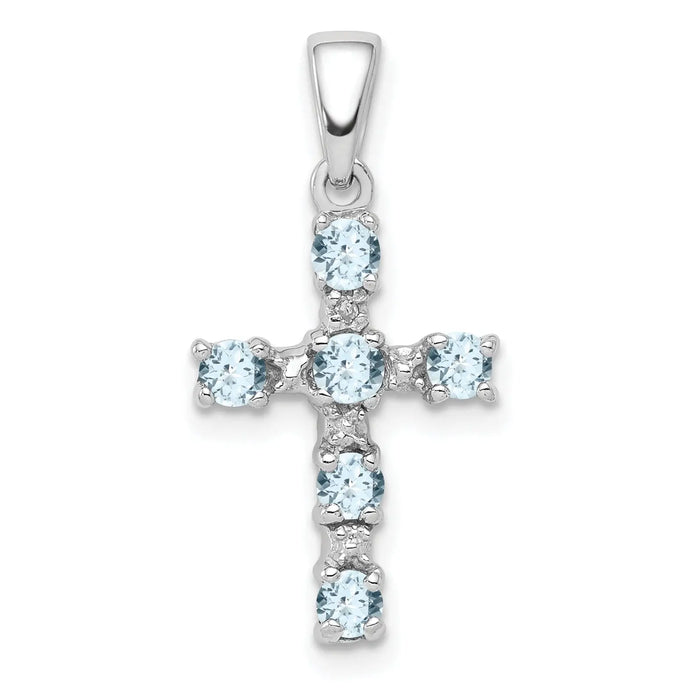 Sterling Silver Natural Blue Aquamarine and Diamond Cross Pendant by Fine Color Jewels