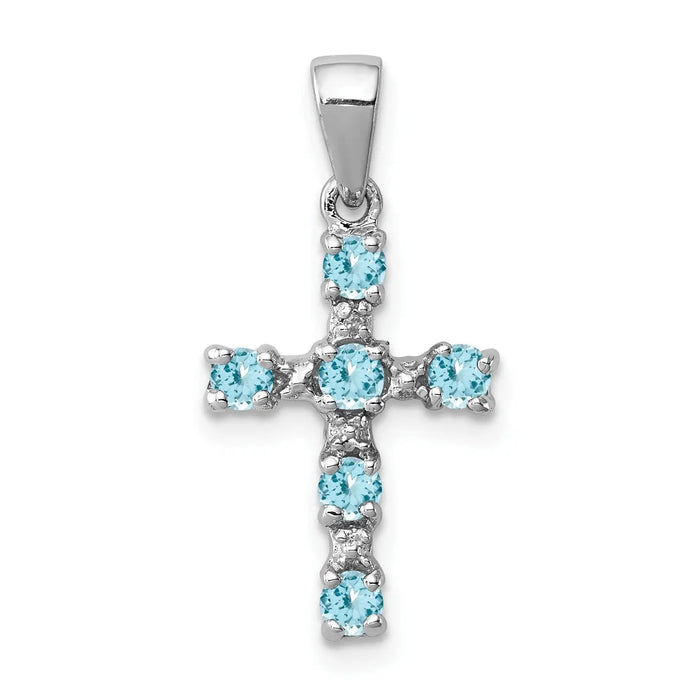Sterling Silver Natural Blue Sky Blue Topaz and Diamond Cross Pendant by Fine Color Jewels