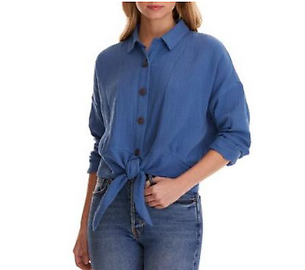 Free People Blue Sunstreaks Tie-Front Shirt - Long Sleeve for Womens, Size XS by Vanessa Jane