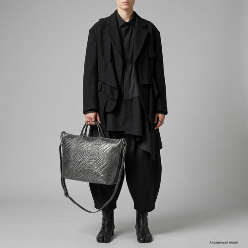 Italian Genuine Basketweave-Embossed Metallic Suede Top-Handle Bag | Treviso by TAKEASY