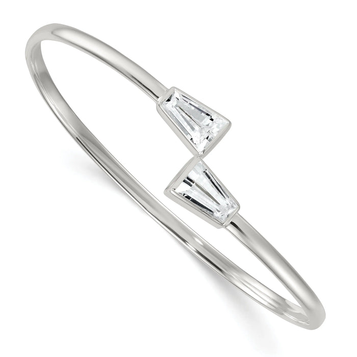 Tapered Baguette White Cubic Zirconia Bezel Sterling Silver Open Bypass Slip-On Bangle Bracelet by Fine Color Jewels