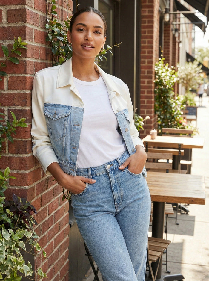 Express Satin Pieced Cropped Denim Jacket, Size Large by Vanessa Jane