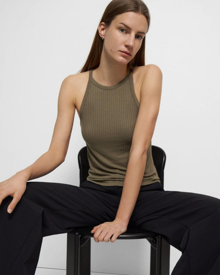 Theory Cropped Halter Tank in Ribbed Knit by Vanessa Jane