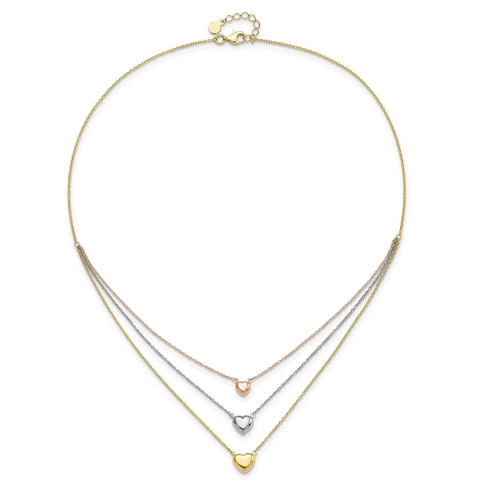 Tri-color Three Hearts 14K Gold Layered Cable Chain Necklace by Fine Color Jewels