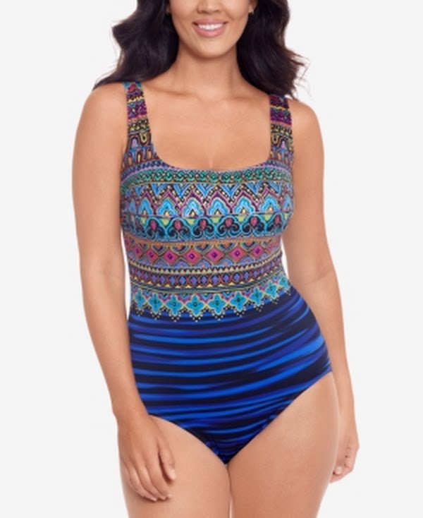 Swim Solutions Womens Blue Printed Stretch Tummy Control Strappy, Size 10 by Vanessa Jane